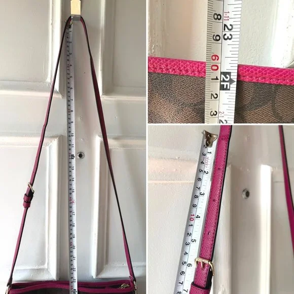 Coach Signature Crossbody File Bag Brown Black Cranberry Pink Leather Trim Gold